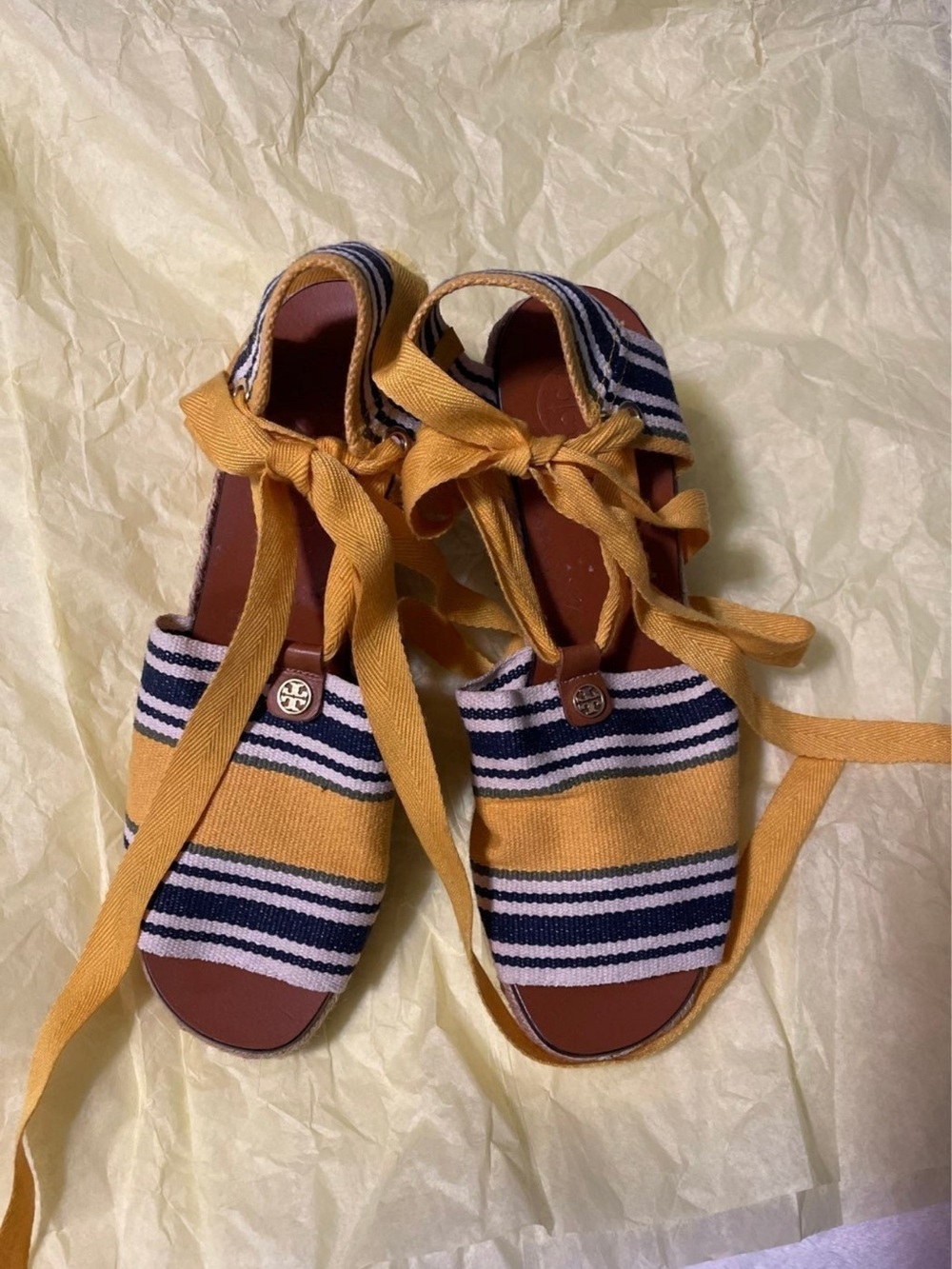 Striped Espadrille Sandals with Yellow Tie Straps